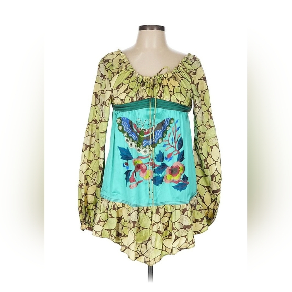 $253 NWT Custo Barcelona 100% Silk Tunic top Blouse Size 40 M Embroidered Tropic